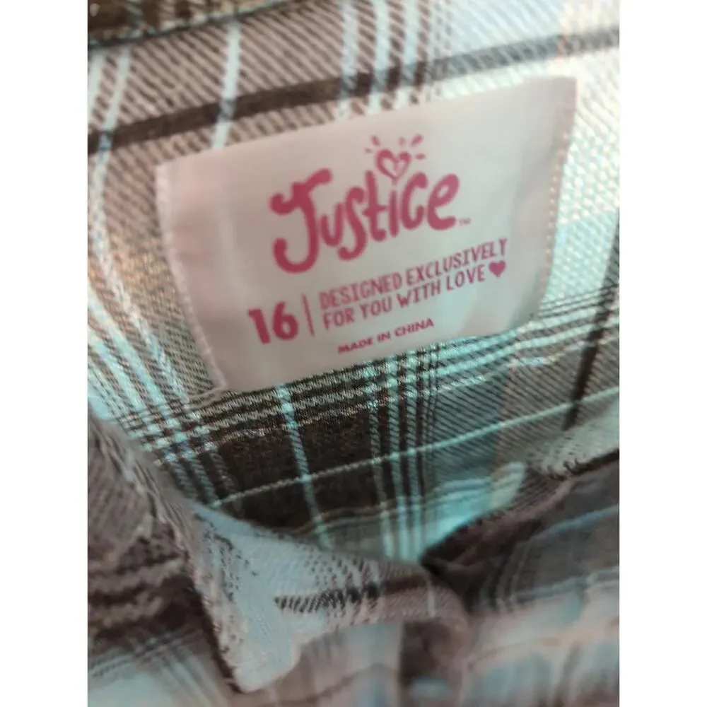 JUSTICE Teal White Plaid Tie Back Long Sleeve Flannel Girls Size 16 FLAW